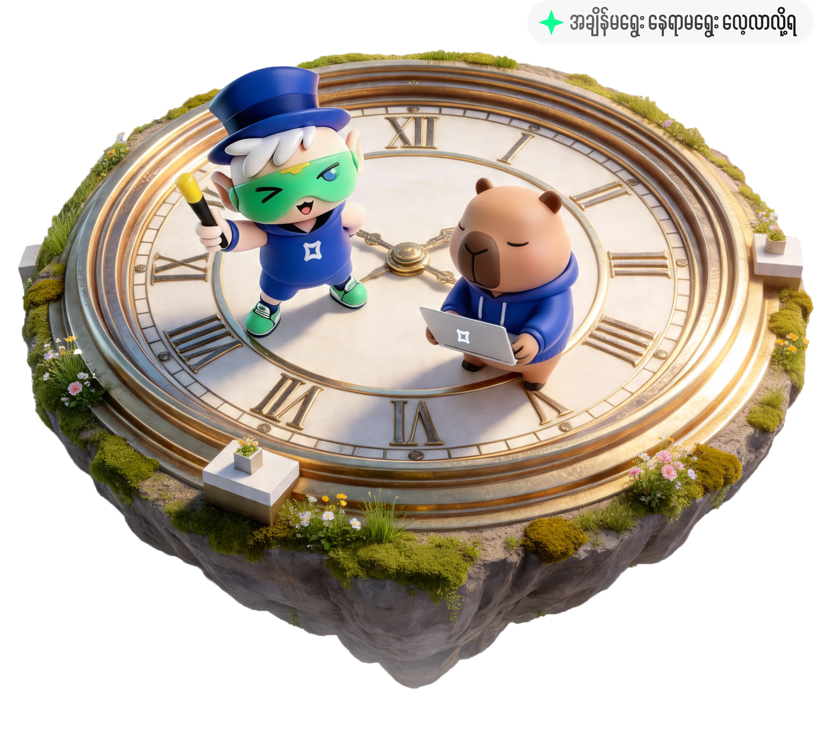 Futura School mascots on a floating clock — learn design, product management and digital marketing online in Myanmar anytime, anywhere